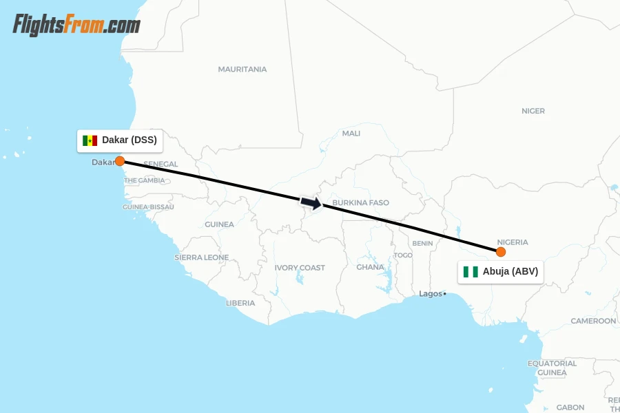 Flights from Dakar to Abuja route map