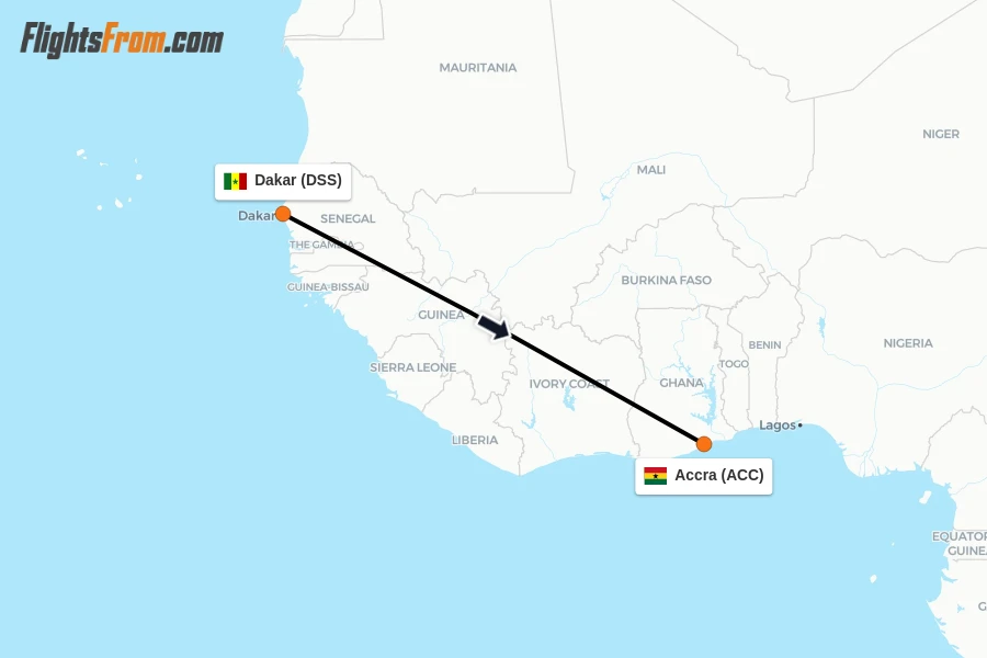 Flights from Dakar to Accra route map
