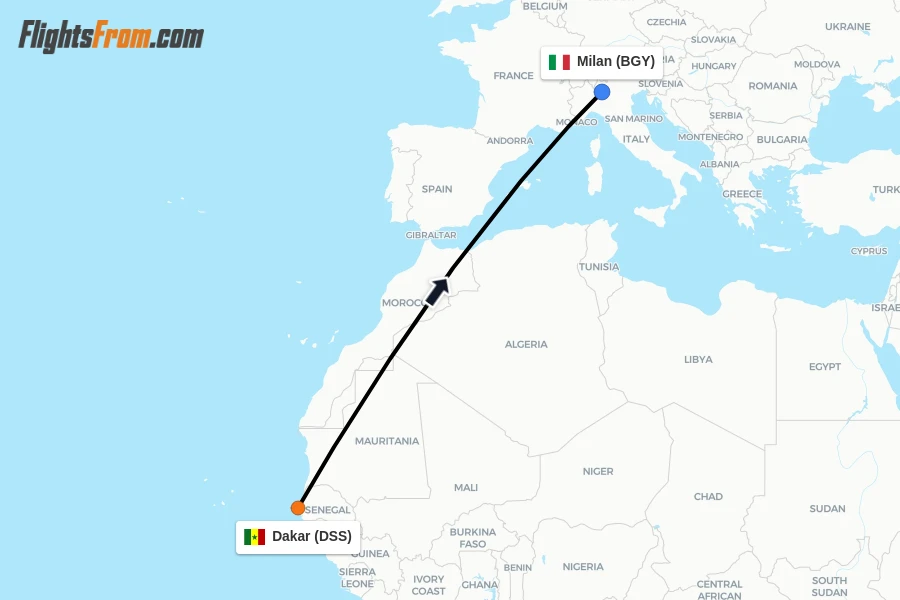 Flights from Dakar to Milan route map