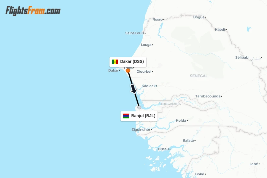 Flights from Dakar to Banjul route map
