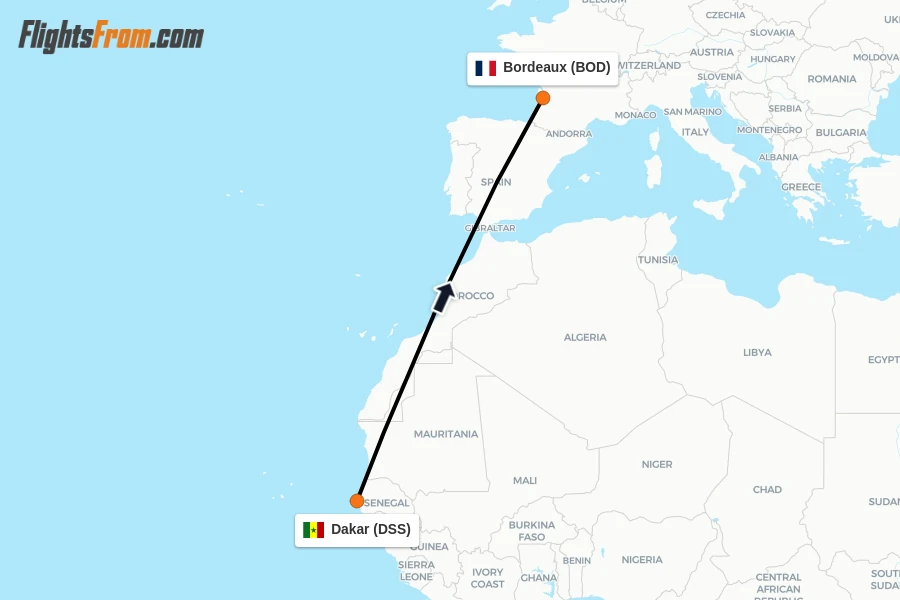 Flights from Dakar to Bordeaux route map