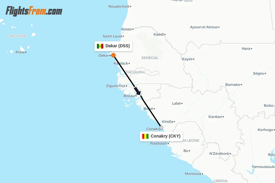 Flights from Dakar to Conakry route map