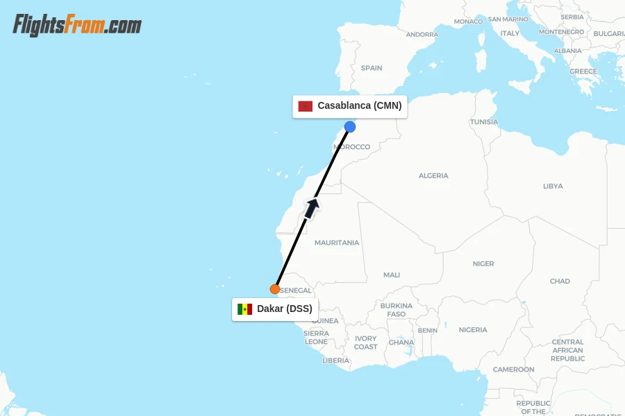 Flights from Dakar to Casablanca route map