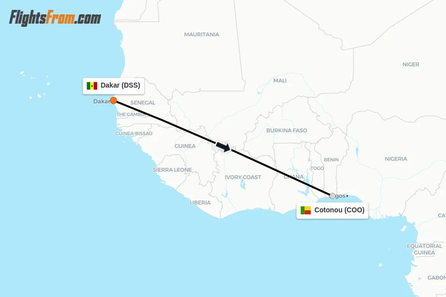 Flights from Dakar to Cotonou route map