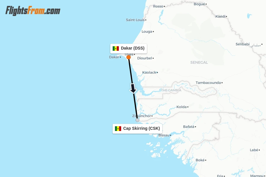 Flights from Dakar to Cap Skirring route map