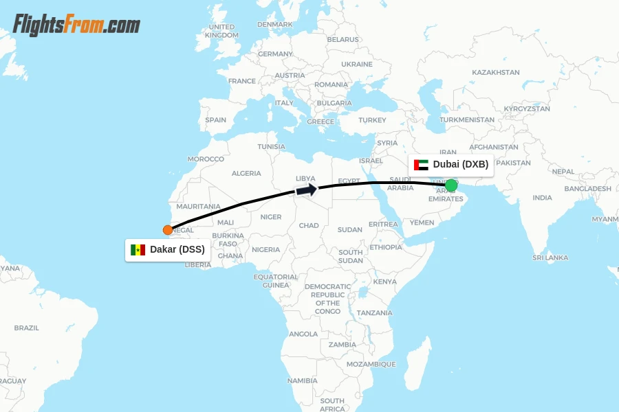 Flights from Dakar to Dubai route map
