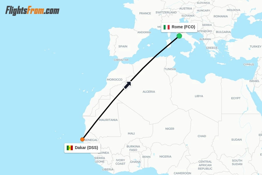 Flights from Dakar to Rome route map