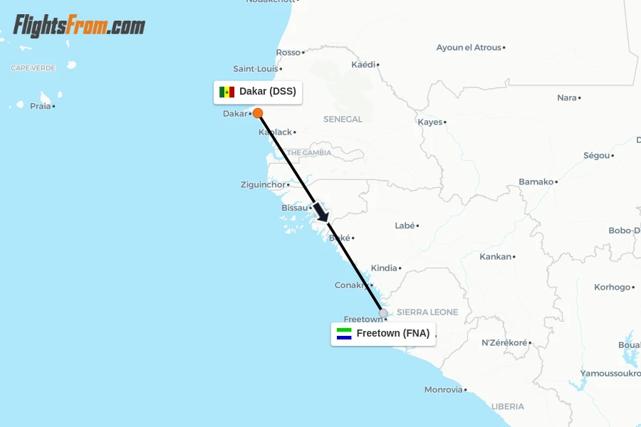 Flights from Dakar to Freetown route map