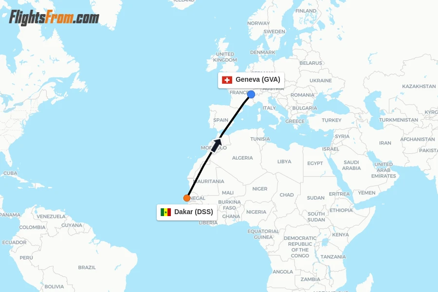 Flights from Dakar to Geneva route map