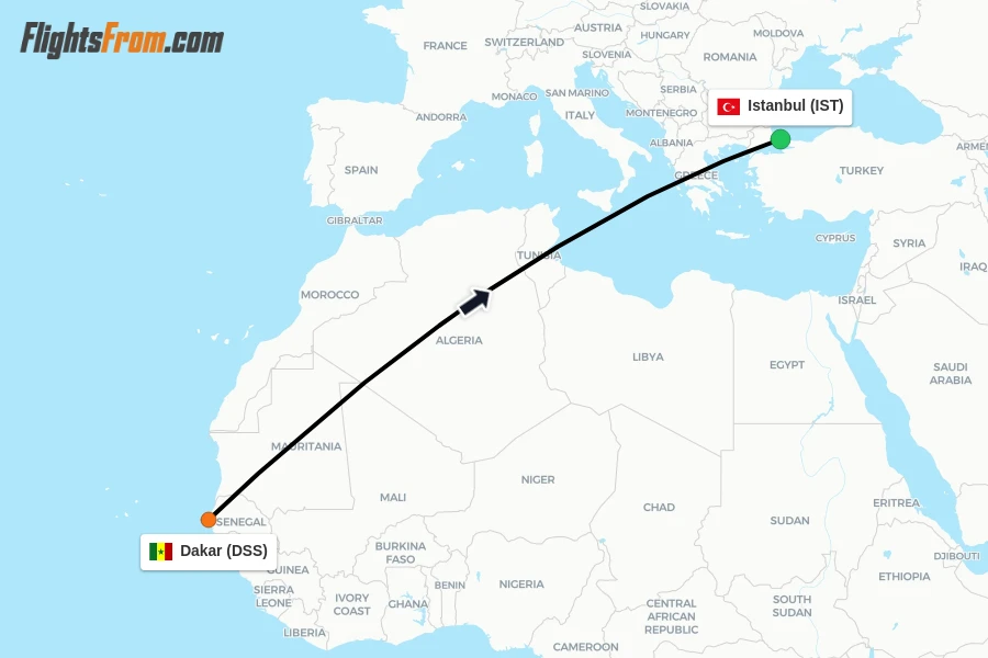 Flights from Dakar to Istanbul route map