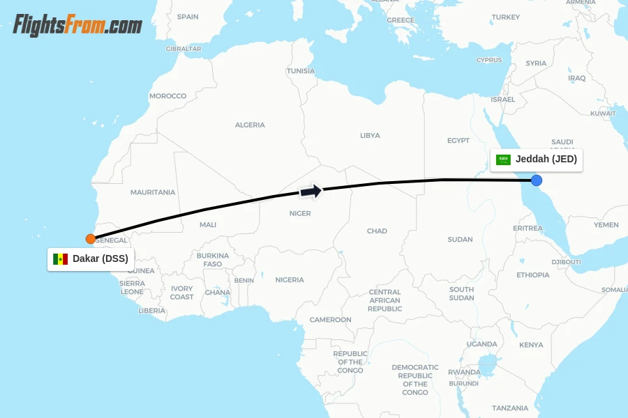 Flights from Dakar to Jeddah route map