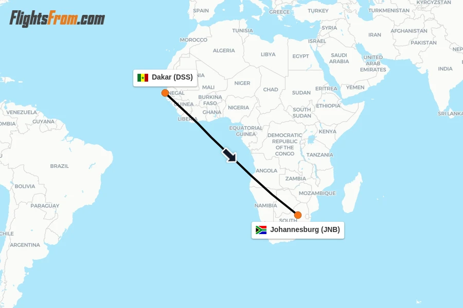Flights from Dakar to Johannesburg route map