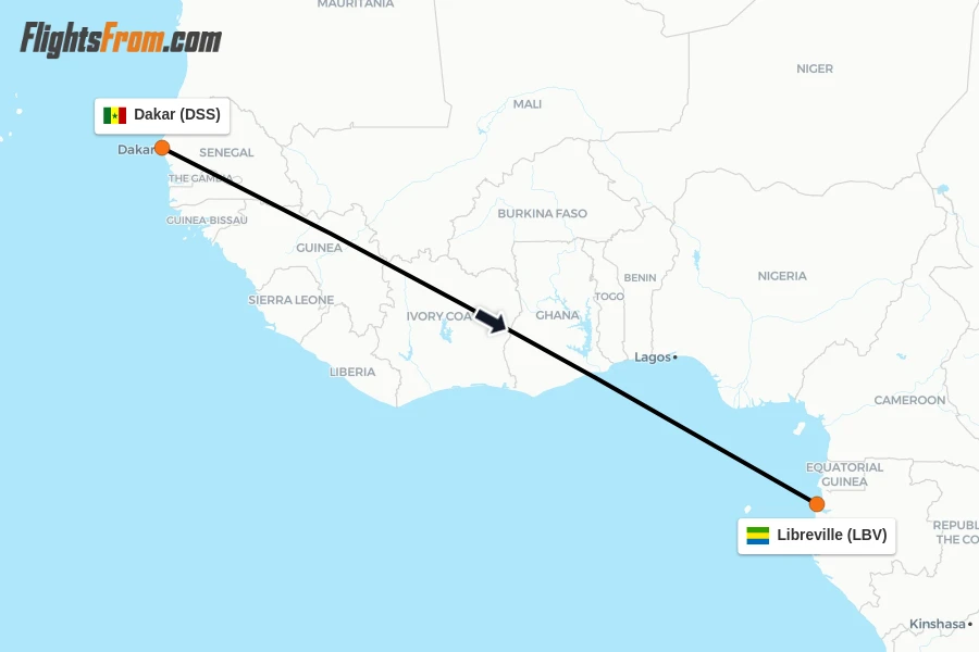Flights from Dakar to Libreville route map