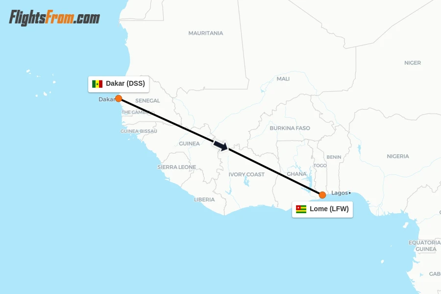 Flights from Dakar to Lome route map