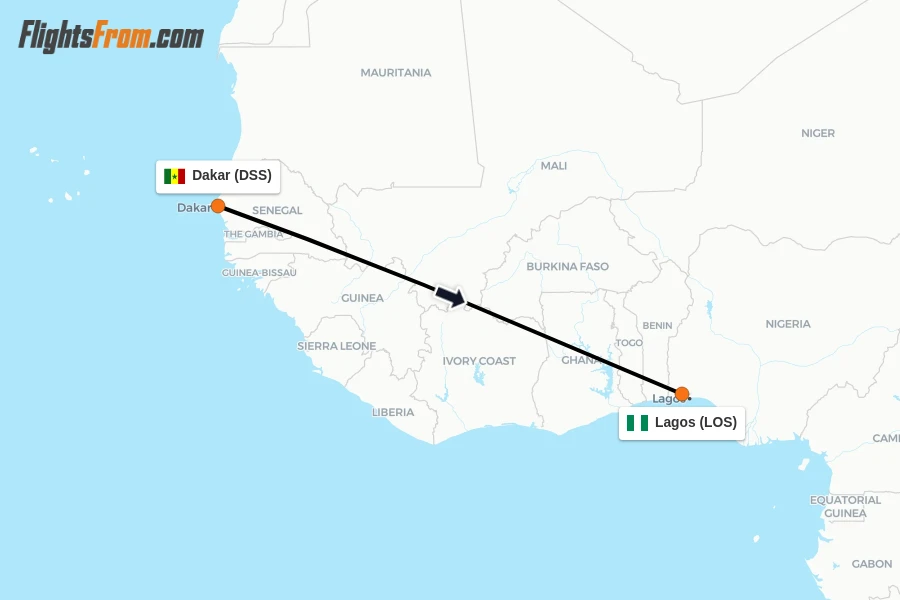 Flights from Dakar to Lagos route map