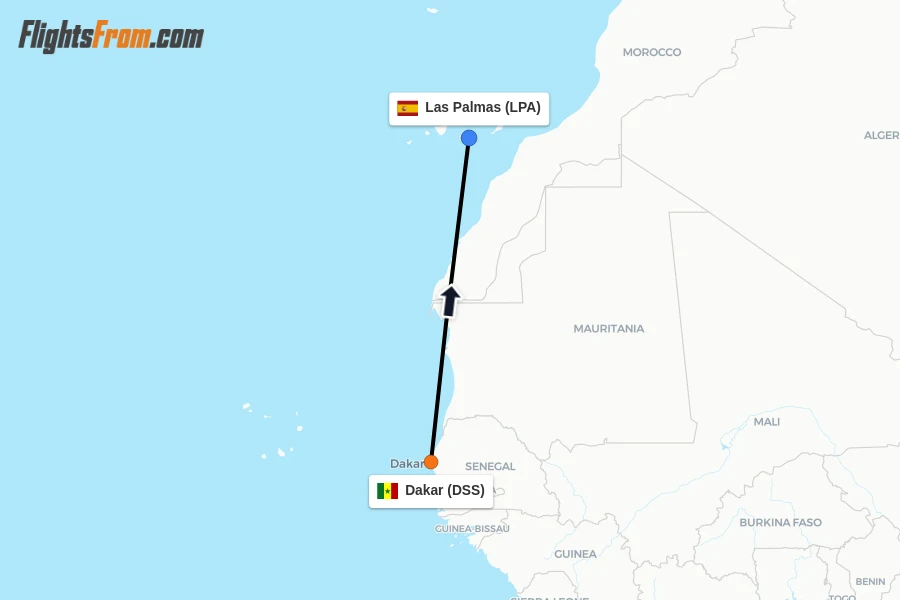 Flights from Dakar to Las Palmas route map