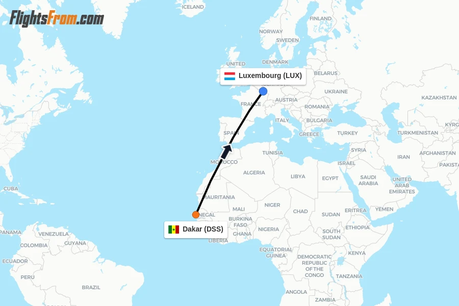 Flights from Dakar to Luxembourg route map