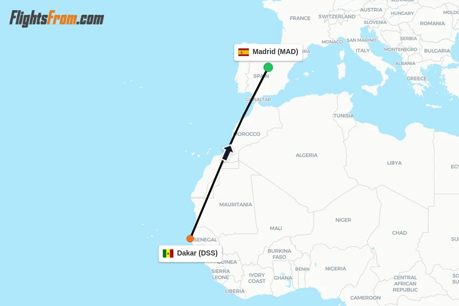 Flights from Dakar to Madrid route map