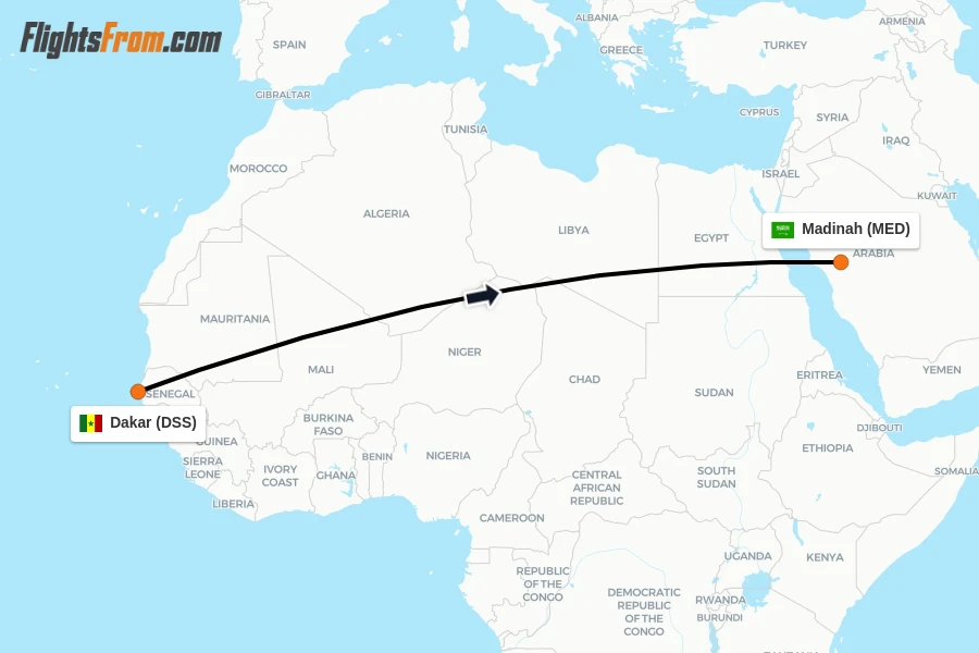 Flights from Dakar to Madinah route map