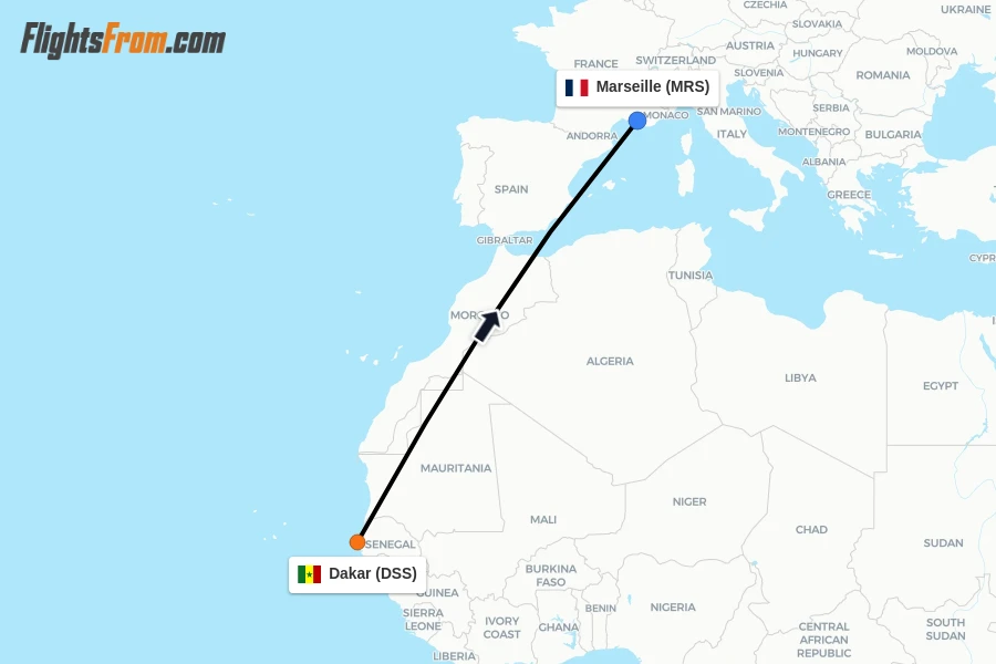 Flights from Dakar to Marseille route map