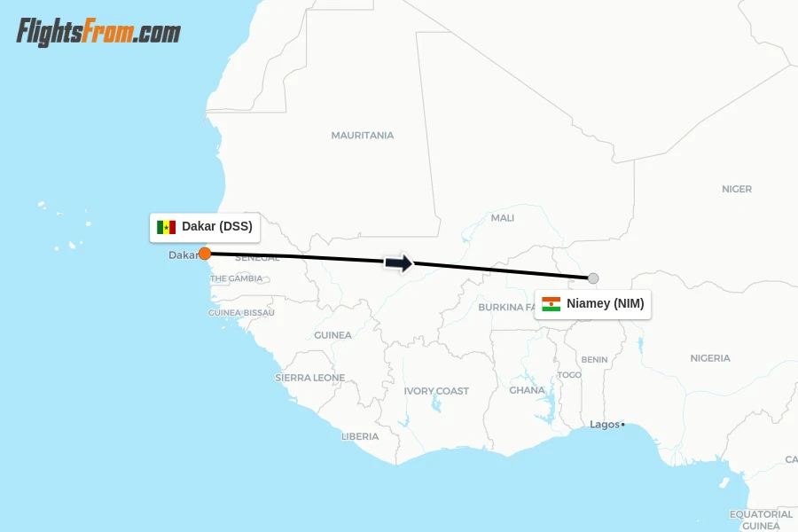 Flights from Dakar to Niamey route map