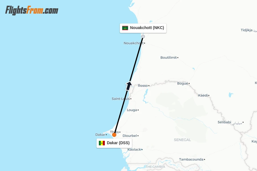 Flights from Dakar to Nouakchott route map