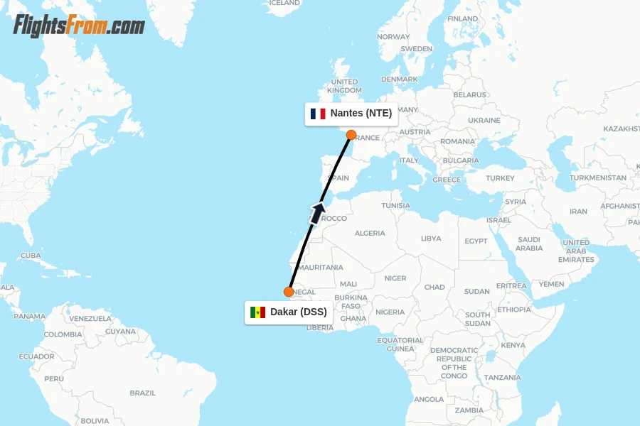 Flights from Dakar to Nantes route map