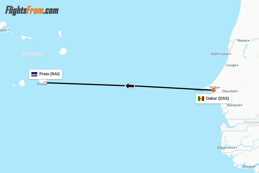 Flights from Dakar to Praia route map