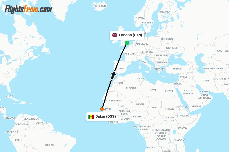 Flights from Dakar to London route map