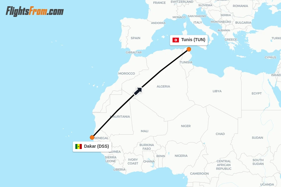 Flights from Dakar to Tunis route map