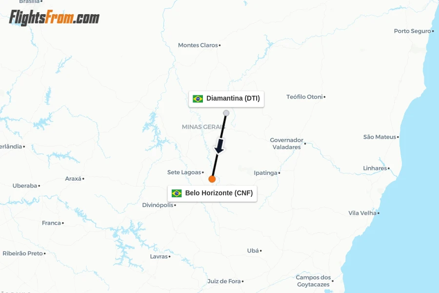 Flights from Diamantina to Belo Horizonte route map