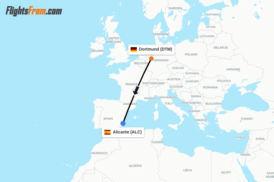 Flights from Dortmund to Alicante route map