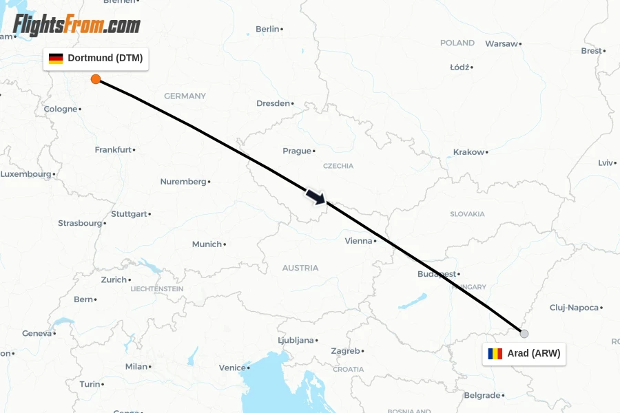 Flights from Dortmund to Arad route map