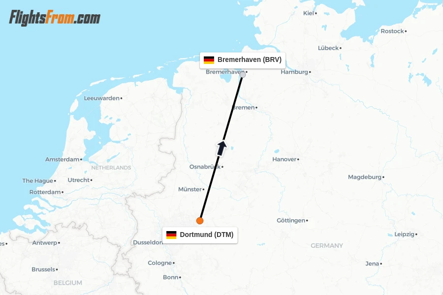 Flights from Dortmund to Bremerhaven route map