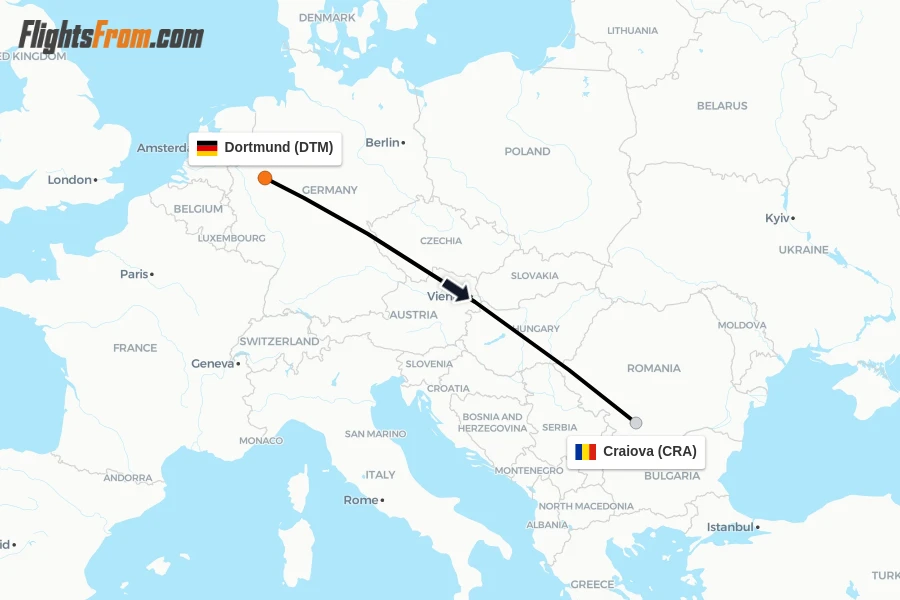 Flights from Dortmund to Craiova route map