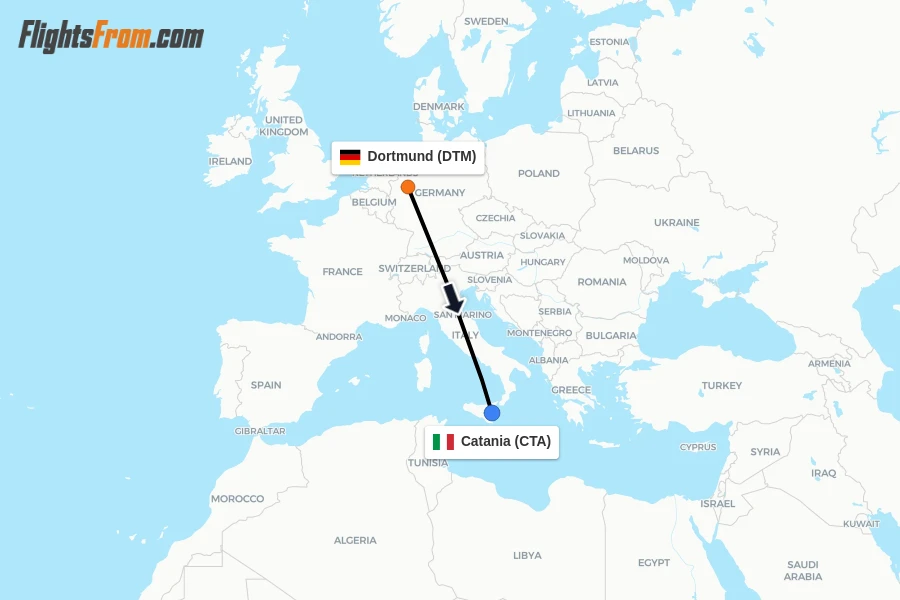 Flights from Dortmund to Catania route map