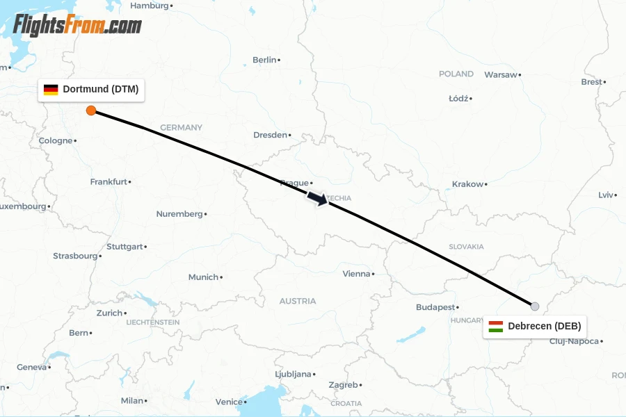 Flights from Dortmund to Debrecen route map