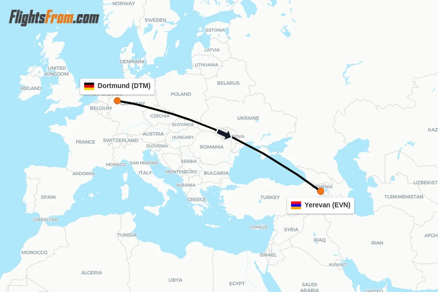 Flights from Dortmund to Yerevan route map