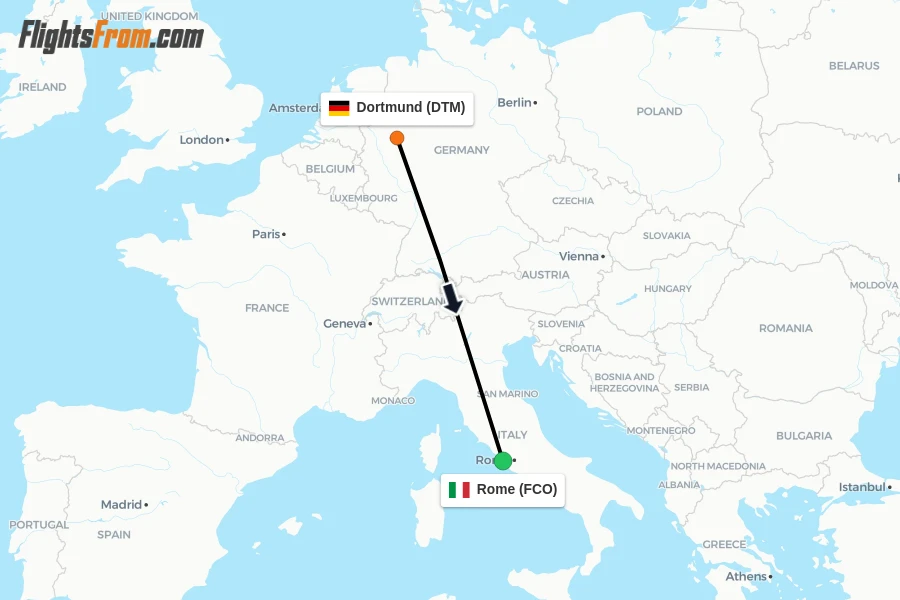 Flights from Dortmund to Rome route map
