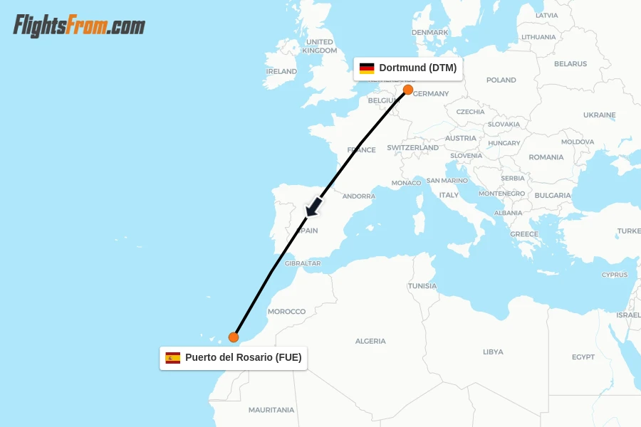 Flights from Dortmund to Puerto del Rosario route map