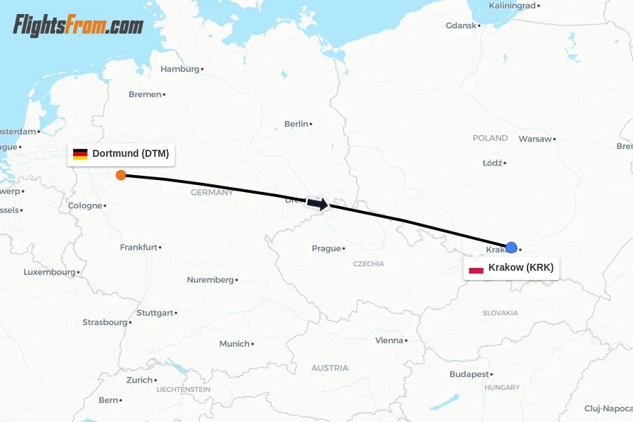 Flights from Dortmund to Krakow route map