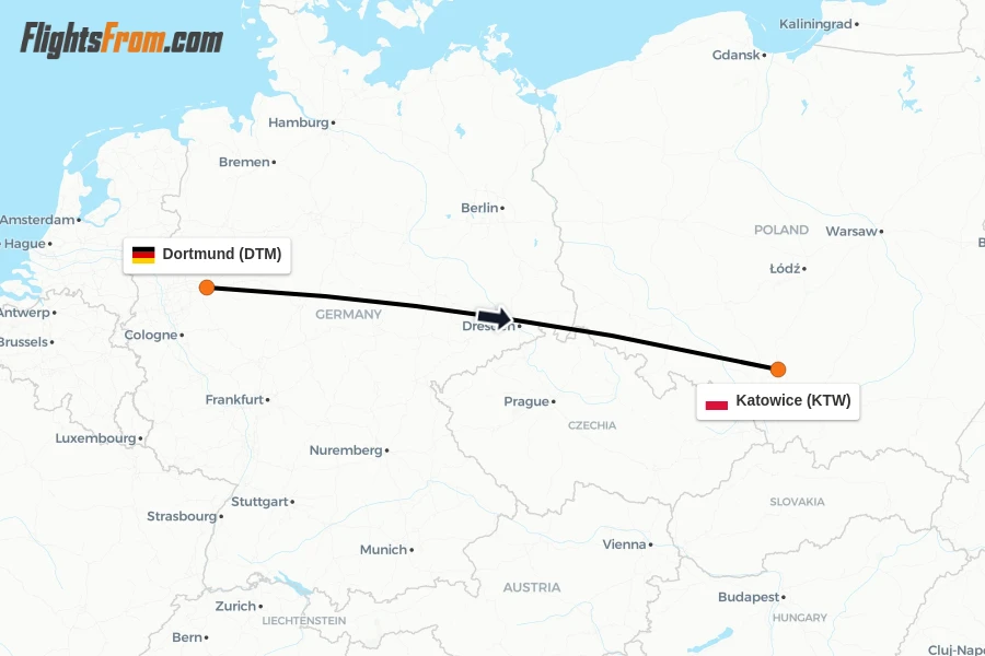 Flights from Dortmund to Katowice route map