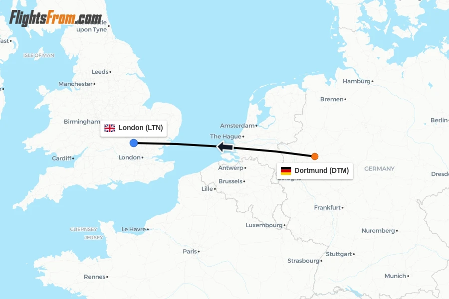 Flights from Dortmund to London route map