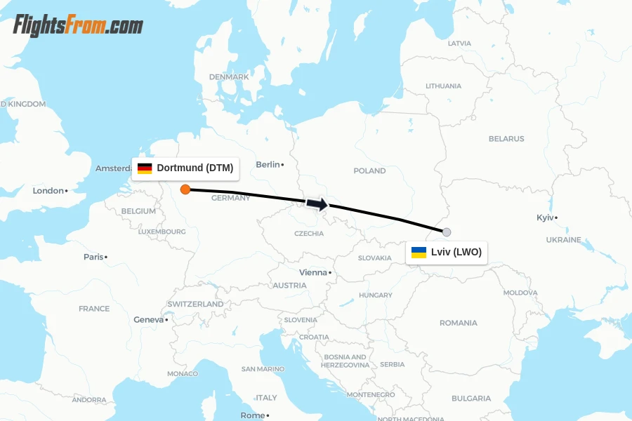 Flights from Dortmund to Lviv route map