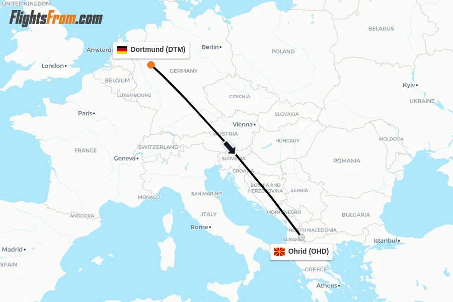Flights from Dortmund to Ohrid route map