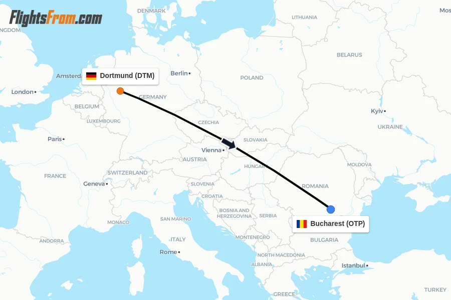 Flights from Dortmund to Bucharest route map