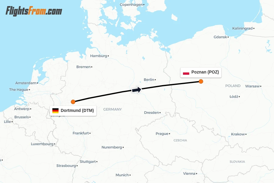 Flights from Dortmund to Poznan route map