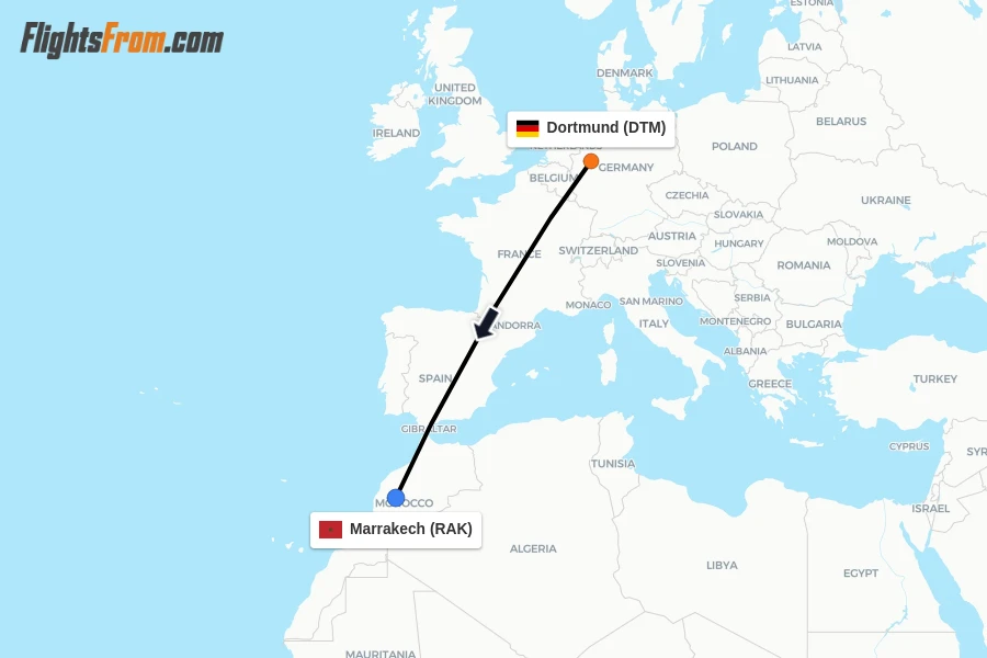 Flights from Dortmund to Marrakech route map
