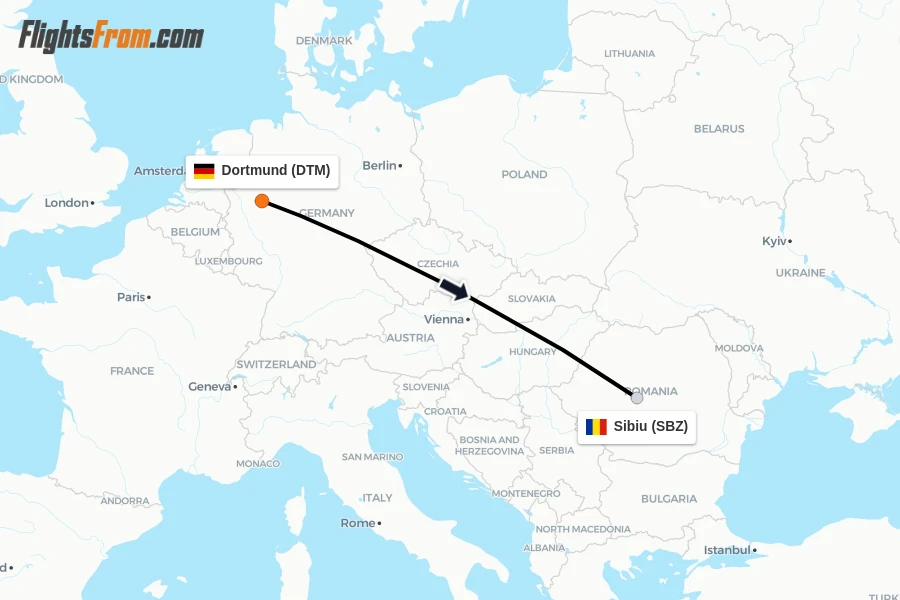 Flights from Dortmund to Sibiu route map