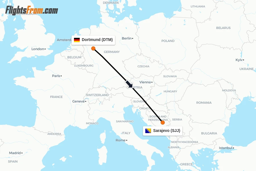 Flights from Dortmund to Sarajevo route map